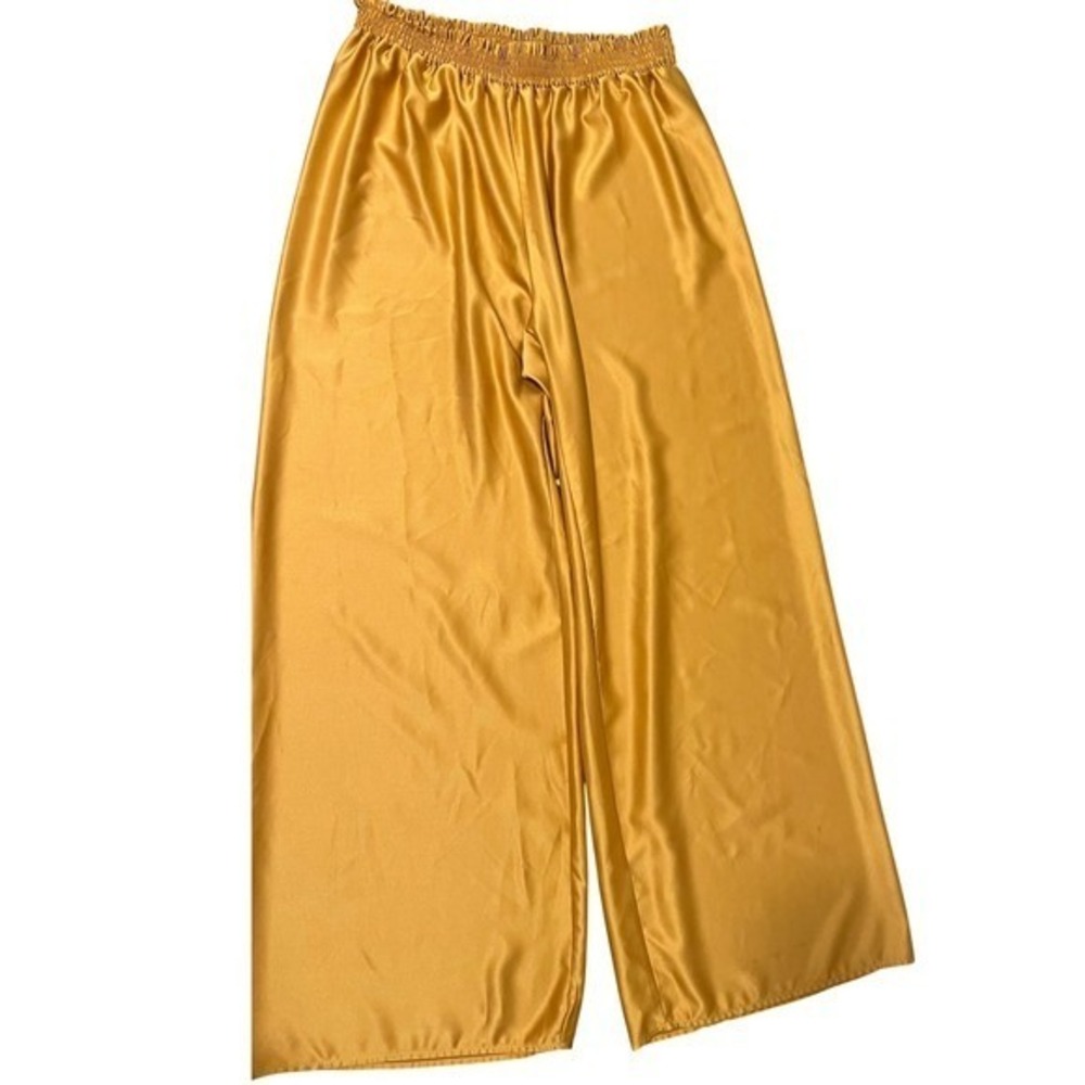 Ashley Stewart Wide Leg Pants Women 14/16 Gold Satin Smocked 1650